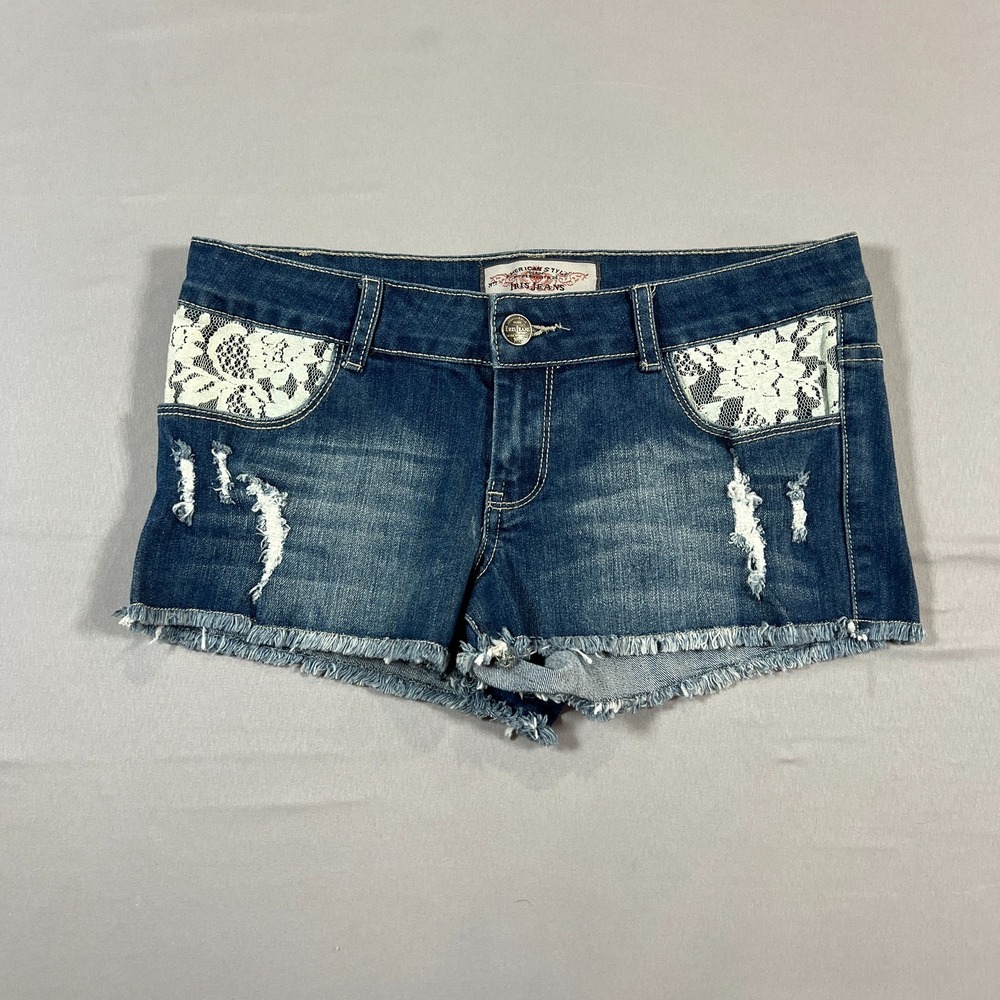 Iris Jeans Cut Off Shorts Womens Large Blue Denim Lace Floral Stretch Distressed